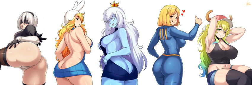 5girls :o absurdres adventure_time animal_ears animal_hood ass backless_dress backless_outfit black_eyes black_legwear black_tank_top blindfold blonde_hair blue_hair blue_skin breasts bunny_ears bunny_hood crown denim denim_shorts dress fallout fallout_4 fionna_the_human_girl genderswap genderswap_(mtf) green_eyes green_hair heart highres hood ice_queen jmg kobayashi-san_chi_no_maidragon large_breasts long_hair medium_hair meme_attire multicolored_hair multiple_girls nier_(series) nier_automata one_eye_closed quetzalcoatl_(maidragon) short_hair shorts tank_top thighhighs thighs vault_girl vault_suit virgin_killer_sweater white_background white_eyes white_hair yorha_no._2_type_b