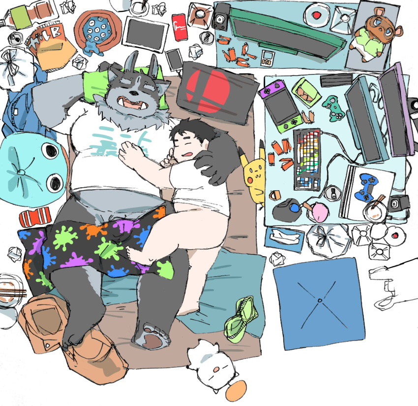 2020 anthro barely_visible_genitalia barely_visible_penis belly butt clothing computer duo eyes_closed genitals hi_res hug human humanoid_hands kemono lying male male/male mammal nintendo nintendo_switch overweight overweight_male penis plushie s_ouo shirt sleeping tokyo_afterschool_summoners topwear tsathoggua video_games