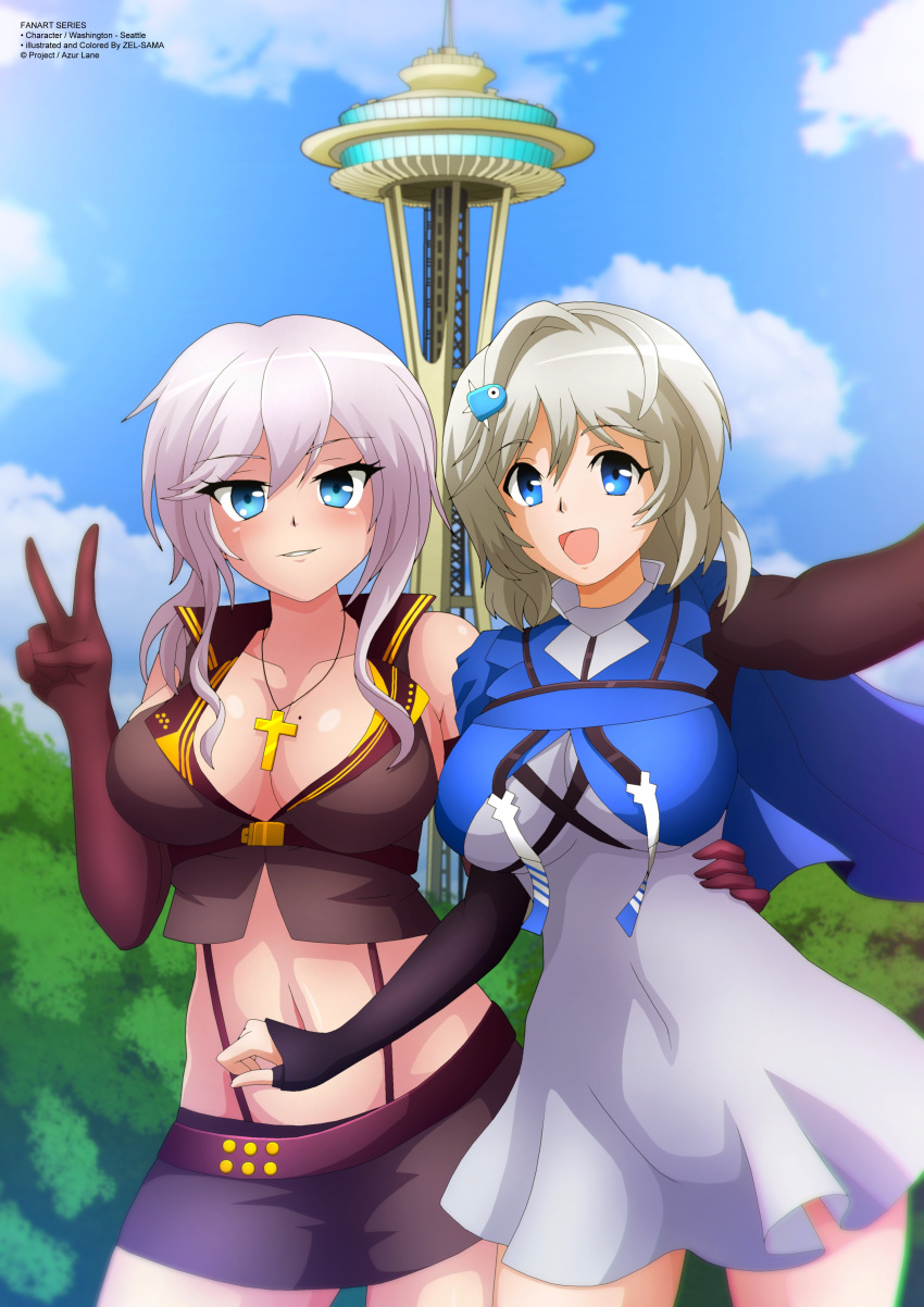 2girls absurdres artist_name azur_lane black_gloves blue_eyes blush breasts character_name cleavage cloud commentary copyright_name cross cross_necklace day english_commentary fingerless_gloves gloves grey_hair hand_on_another's_waist highres jewelry large_breasts midriff mole mole_on_breast multiple_girls navel necklace open_mouth plant seattle_(azur_lane) self_shot short_hair sideboob sky smile space_needle trait_connection v washington_(azur_lane) zel-sama