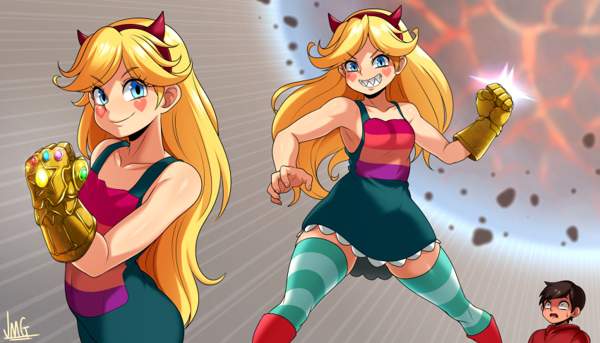 1boy 1girl artist_name avengers avengers:_infinity_war blonde_hair blue_eyes boots brown_hair cartoon dress evil_smile fake_horns flat_chest heart highres horns infinity_gauntlet jmg marco_diaz planet red_footwear red_hoodie red_horns scared sharp_teeth signature smile star_butterfly star_vs_the_forces_of_evil teeth