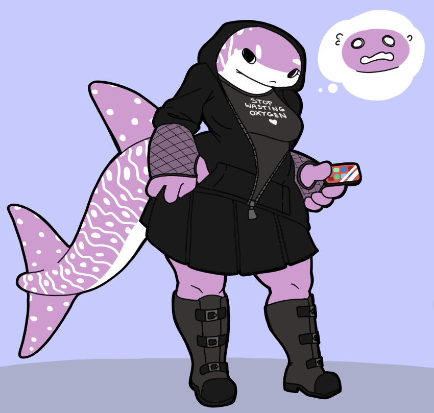 &lt;3 2019 4_fingers angstrom annoyed anthro big_hands biped black_bottomwear black_clothing black_hoodie black_skirt black_topwear boots bottomwear breasts carpet_shark clothed clothing digital_media_(artwork) english_text eyebrows facial_scales female fingerless_gloves fingers fish fishnet fishnet_gloves fishnet_handwear flustered footwear frown fully_clothed gloves goth handwear hi_res hoodie jackie_(x0jackie0x) looking_at_viewer marine multicolored_body non-mammal_breasts phone purple_body purple_scales raised_eyebrow scale_eyebrows scales scalie shark shirt simple_background skirt solo spots standing stare stripes text text_on_shirt thick_tail thought_bubble topwear two_tone_body whale_shark white_body white_scales wide_hips