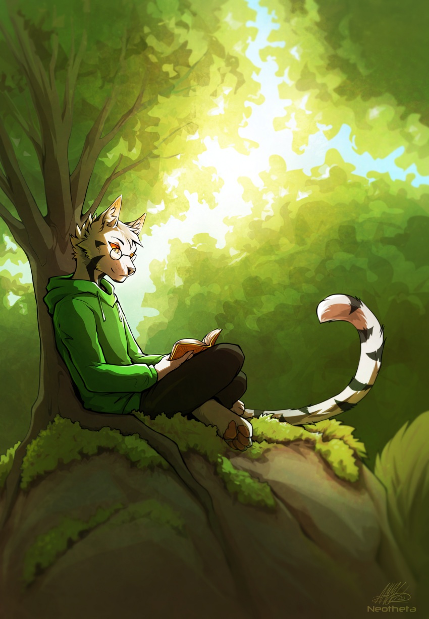 4_toes anthro book clothing day detailed_background eyewear felid feline fingers forest glasses green_clothing green_hoodie green_topwear hi_res holding_book holding_object hoodie male mammal moss neotheta outside smile solo toes topwear tree