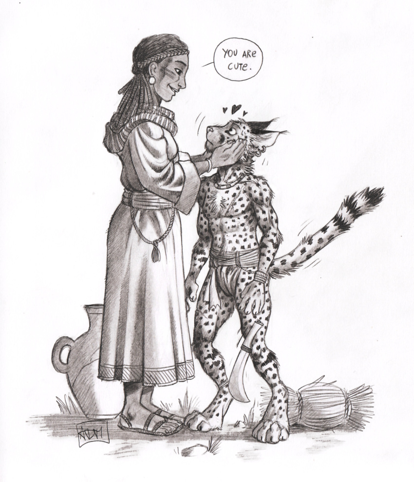 0laffson 4_toes 5_fingers 5_toes anthro caracal caracal_(genus) clothed clothing comic digitigrade duo embarrassed felid feline female fingers hi_res human hybrid lynx male mammal text toes topless traditional_media_(artwork) weapon