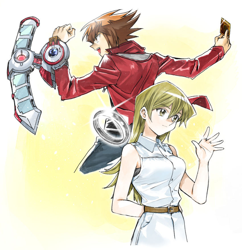 1boy 1girl 203wolves :d arm_behind_back bangs belt belt_buckle blonde_hair breasts brown_belt brown_hair buckle card closed_mouth collared_shirt dress_shirt duel_disk eyebrows_visible_through_hair grey_pants hair_between_eyes highres holding holding_card jacket jewelry long_hair medium_breasts multicolored_hair open_clothes open_jacket open_mouth outstretched_arm pants red_jacket ring shiny shiny_hair shirt skirt sleeveless sleeveless_shirt smile straight_hair tenjouin_asuka two-tone_hair very_long_hair wedding_ring white_background white_shirt white_skirt wing_collar yuu-gi-ou yuu-gi-ou_gx yuuki_juudai