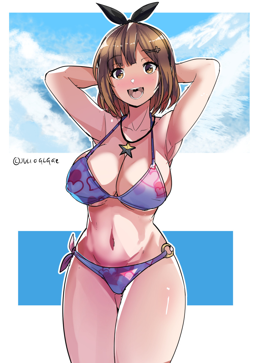 1girl absurdres armpits arms_behind_back arms_up atelier_(series) atelier_ryza bangs bare_shoulders bikini black_ribbon blue_sky breasts brown_eyes brown_hair cleavage cloud covered_nipples eyebrows_visible_through_hair hair_ornament hair_ribbon hairclip highres jewelry julioalqae large_breasts multicolored multicolored_bikini multicolored_clothes navel necklace o-ring o-ring_bottom open_mouth reisalin_stout ribbon short_hair sky star_(symbol) star_necklace stomach swimsuit thighs underboob