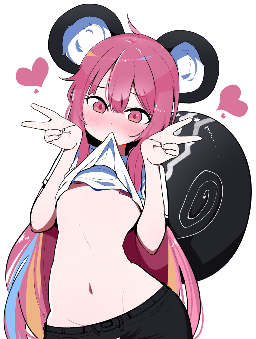 1girl absurdres animal_ears blade_&amp;_soul blush character_request dalamkkyu double_v eyebrows_visible_through_hair heart highres long_hair mouth_hold multicolored_hair navel pink_eyes shirt_in_mouth solo tail v very_long_hair