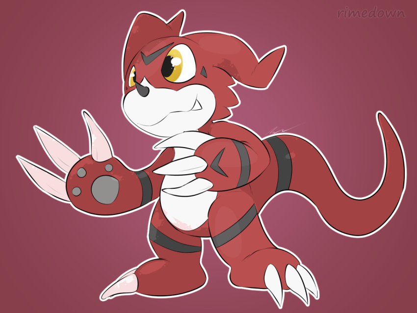 ambiguous_gender arm_markings black_markings claws digimon digimon_(species) fangs fusion guilmon head_markings leg_markings markings pawpads red_background red_body red_scales rimedown scales simple_background solo tail_markings toe_claws veemon white_body white_claws yellow_eyes