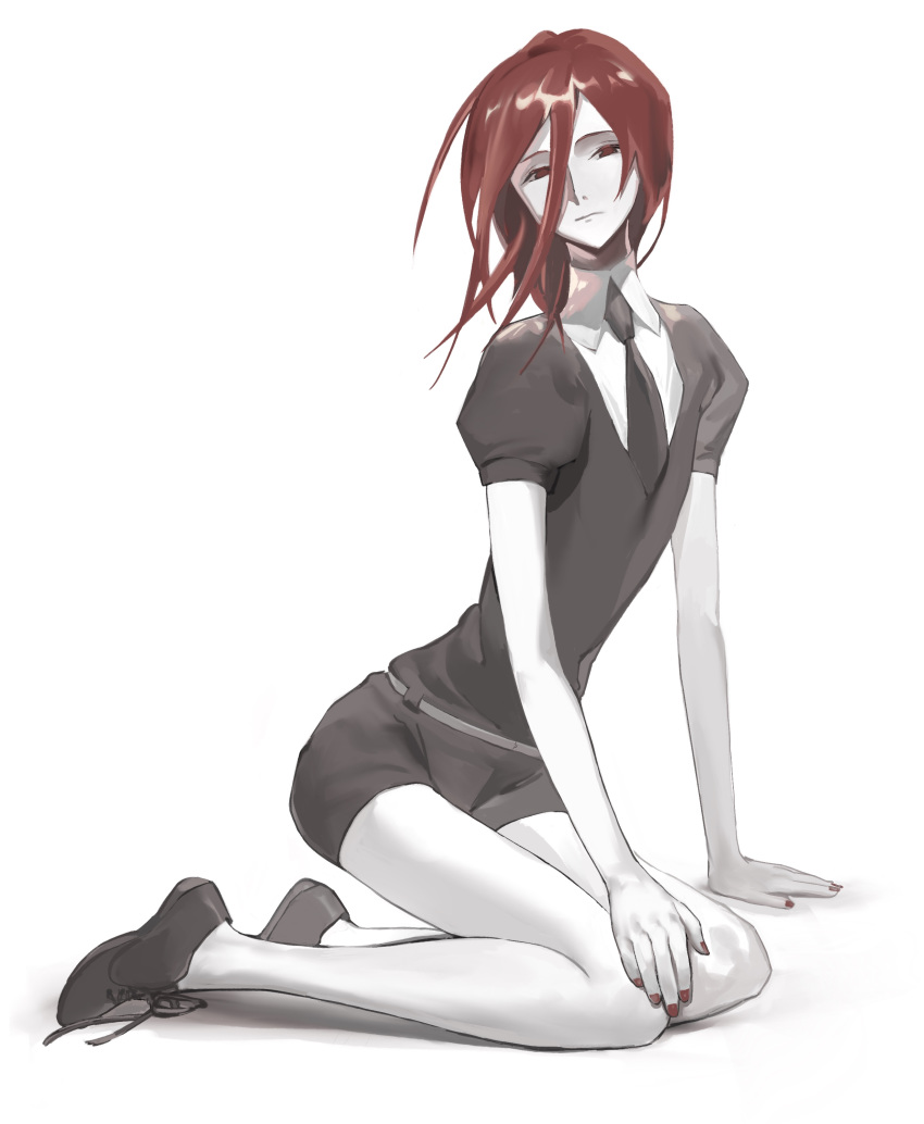 absurdres agaerror22 androgynous bangs black_neckwear black_shorts collared_shirt crystal_hair full_body gem_uniform_(houseki_no_kuni) hair_between_eyes highres houseki_no_kuni long_bangs looking_at_viewer medium_hair nail_polish necktie red_nails shinsha_(houseki_no_kuni) shirt shoes short_shorts shorts simple_background solo white_background