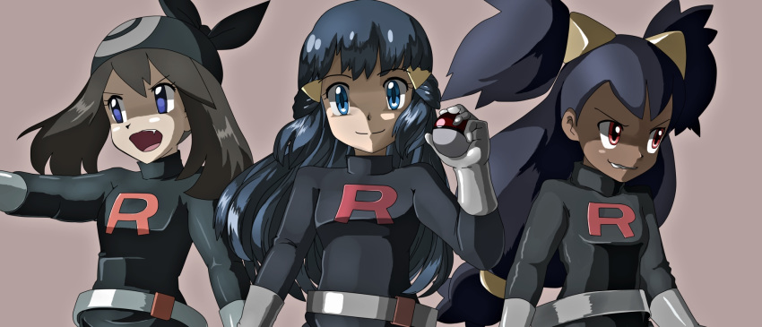 3girls alternate_costume bandana bangs big_hair blue_eyes breasts brown_hair commentary_request corruption dark_persona dark_skin gloves grey_gloves hair_ornament hand_up haruka_(pokemon) highres hikari_(pokemon) holding holding_poke_ball iris_(pokemon) long_hair looking_at_viewer multiple_girls open_mouth outstretched_arm poke_ball pokemon pokemon_(game) pokemon_bw pokemon_dppt pokemon_rse shiijisu smile team_rocket teeth