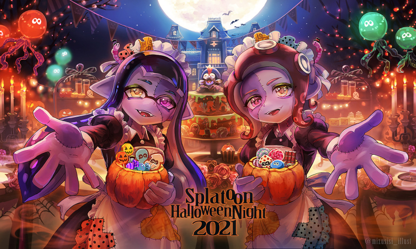 2girls apron balloon bangs bat black_dress black_hair blue_skin blunt_bangs candlestand candy collared_dress colored_skin commentary_request dress english_text fangs food full_moon hairband halloween halloween_bucket halloween_costume heterochromia highres holding house inkling jack-o'-lantern jellyfish_(splatoon) juliet_sleeves long_dress long_hair long_sleeves looking_at_viewer maid_apron maid_headdress mizushishi moon multiple_girls night night_sky octoling open_mouth partial_commentary pointy_ears puffy_sleeves purple_eyes reaching_out red_hairband salmonid sky smile splatoon_(series) standing stitched_face stitched_hand string_of_flags suction_cups tentacle_hair tiered_tray twitter_username white_apron worms yellow_eyes