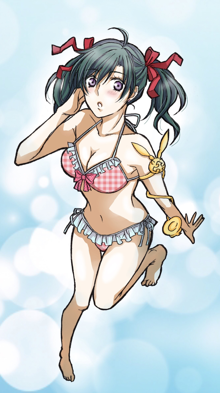 1girl ahoge alternate_costume azusa1212 bangs barefoot bikini breasts cleavage collarbone d.gray-man earrings eyebrows_visible_through_hair floating_hair frilled_bikini frills full_body green_hair hair_between_eyes hair_ribbon halterneck hand_in_hair highres jewelry lenalee_lee long_hair medium_breasts navel open_mouth outstretched_hand pink_bikini plaid plaid_bikini purple_eyes red_ribbon ribbon shiny shiny_hair side-tie_bikini solo standing standing_on_one_leg swimsuit thigh_gap timcanpy twintails
