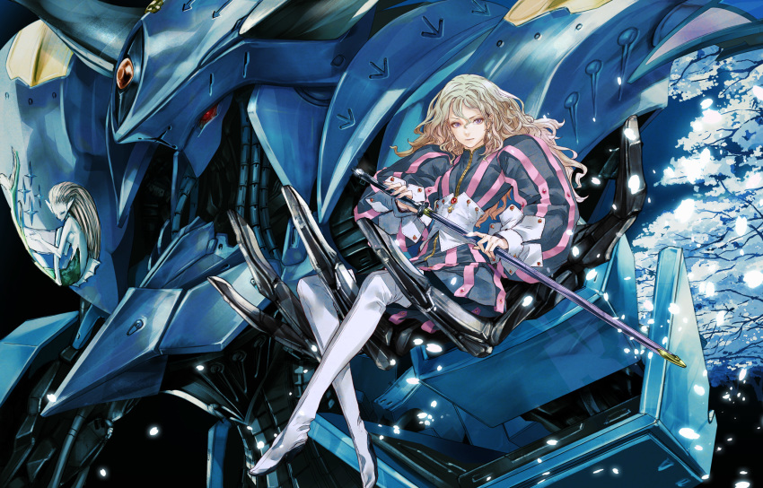 1girl blonde_hair cherry_blossoms christine_v closed_mouth cross cross_earrings earrings fingernails five_star_stories gem glint hair_between_eyes highres holding holding_another holding_sword holding_weapon jewelry long_hair mecha mermaid monster_girl neptune_(five_star_stories) petals pink_nails puffy_sleeves purple_eyes redjuice reflection scabbard sheath sitting striped sword tree twintails weapon white_legwear