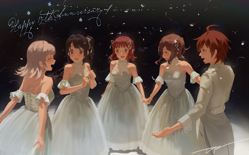 1boy 4girls ahoge amami_haruka anniversary bare_shoulders brown_eyes brown_hair closed_eyes commentary concert da_tengzi dress english_commentary facial_hair facing_another formal from_behind from_side goatee green_eyes hair_ribbon holding_hands idol idolmaster idolmaster_(classic) idolmaster_cinderella_girls idolmaster_million_live! idolmaster_shiny_colors idolmaster_side-m jacket kasuga_mirai light_brown_hair long_sleeves looking_at_another medium_hair multiple_girls one_side_up open_mouth red_hair ribbon sakuragi_mano see-through shimamura_uzuki short_hair smile standing suit tendou_teru white_dress white_jacket white_ribbon white_suit