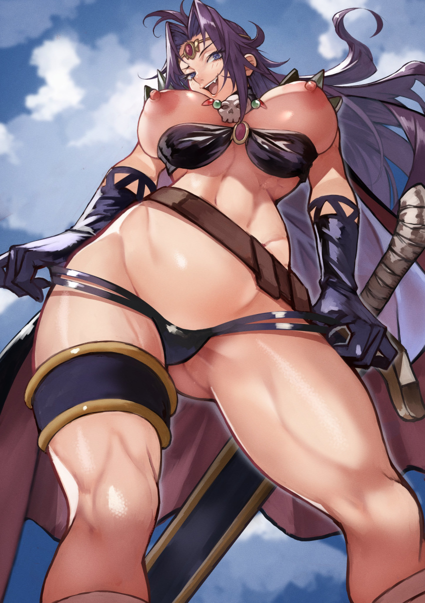 1girl absurdres armor belt black_gloves blue_eyes blue_sky blush breasts breasts_outside cape circlet cloud cloudy_sky eyes_visible_through_hair fang gloves half-closed_eyes highres long_hair naga_the_serpent navel nipples open_mouth outdoors pauldrons porori purple_hair shiny shiny_skin shoulder_armor skull sky slayers smile solo sword teeth thigh_strap tongue upper_teeth weapon