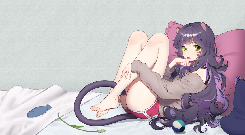 1girl :p absurdres animal_ears bare_legs barefoot boyshorts cat_ears cat_tail eyebrows_visible_through_hair from_side full_body green_eyes hand_to_own_mouth highres indoors knees_on_chest long_hair looking_at_viewer lying off-shoulder_sweater off_shoulder on_bed original purple_hair rubyaano_(ducl323) solo sweater tail tongue tongue_out very_long_hair