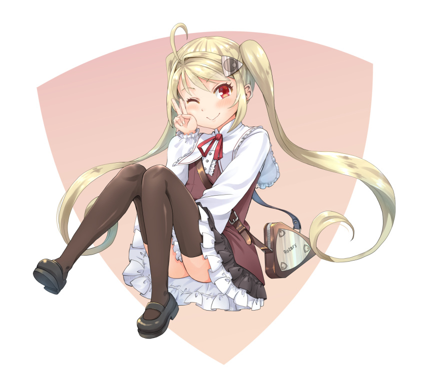 1girl ;) ahoge bag bangs black_footwear blonde_hair blush brown_background brown_dress brown_legwear closed_mouth commentary_request dress eyebrows_visible_through_hair frilled_dress frills full_body hair_intakes hair_ornament hand_up haniwa_(leaf_garden) highres knees_up long_hair long_sleeves mary_janes neck_ribbon one_eye_closed original puffy_long_sleeves puffy_sleeves red_eyes red_ribbon ribbon shirt shoes shoulder_bag sleeveless sleeveless_dress smile thighhighs twintails two-tone_background v very_long_hair white_background white_shirt