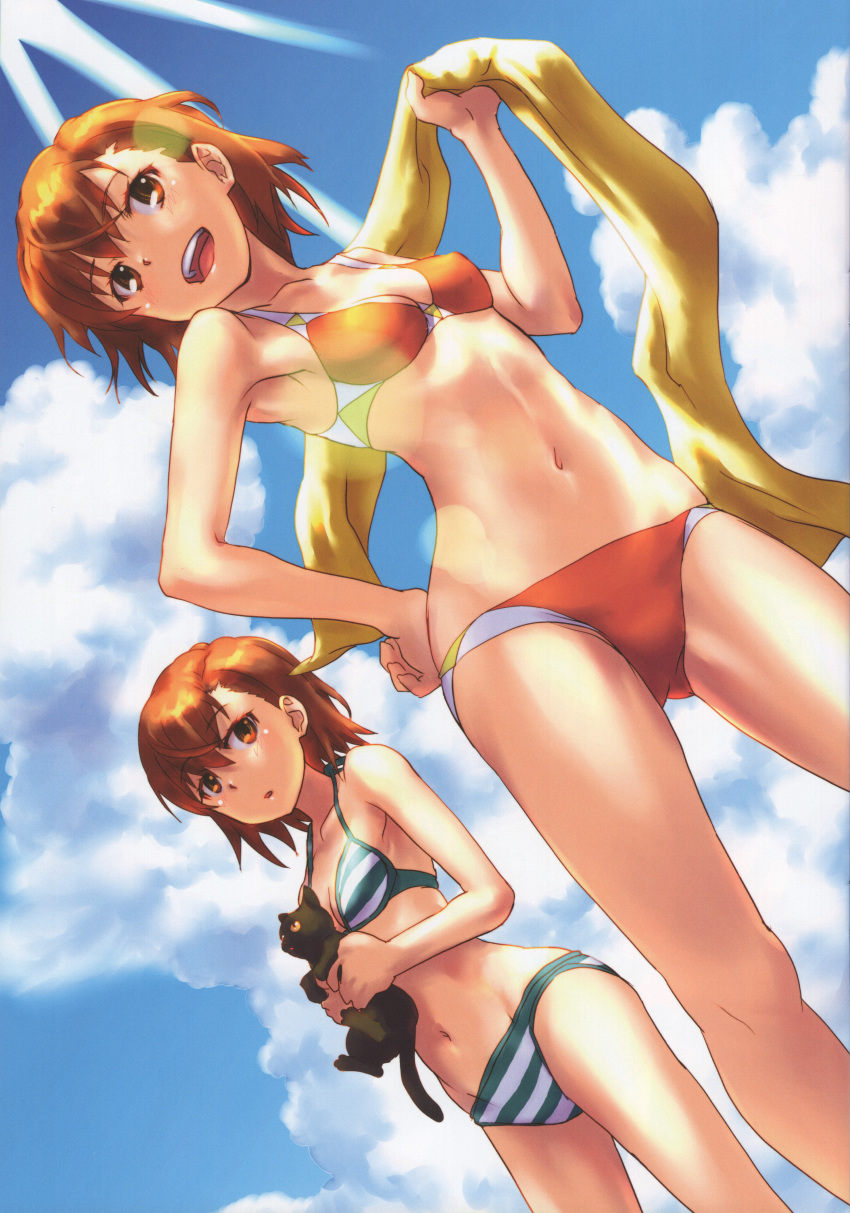 2girls absurdres animal armpits ass_visible_through_thighs bangs bare_arms bare_shoulders bikini black_cat blue_sky blush breasts brown_eyes brown_hair cat cleavage cloud cloudy_sky collarbone day dutch_angle eyebrows eyebrows_visible_through_hair groin hand_on_hip highres holding holding_animal holding_cat huge_filesize legs_apart lens_flare looking_at_another looking_to_the_side misaka_imouto misaka_imouto_10032's_cat misaka_mikoto multiple_girls navel open_mouth outdoors raika9 red_bikini scan short_hair sky small_breasts smile standing stomach string_bikini striped striped_bikini summer sun sunlight swimsuit thighs to_aru_kagaku_no_railgun to_aru_majutsu_no_index towel