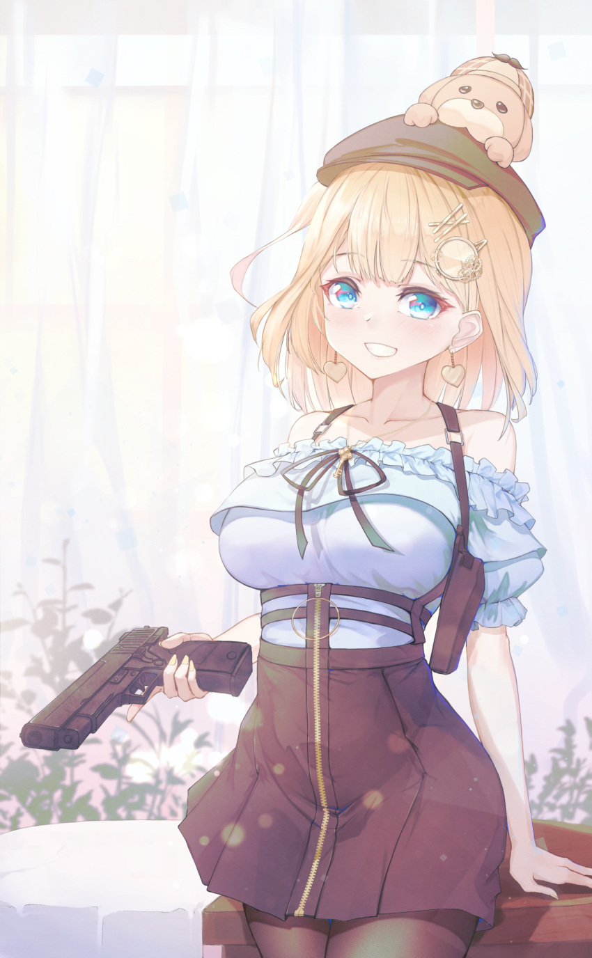 1girl against_table bare_shoulders blonde_hair blue_eyes blush breasts bubba_(watson_amelia) chromatic_aberration collarbone cowboy_shot deerstalker detective dress ear_piercing eyebrows_visible_through_hair grin gun hair_ornament handgun hat heart high-waist_skirt highres hololive hololive_english holster key_necklace large_breasts looking_at_viewer monkey1468 monocle_hair_ornament pantyhose piercing pistol sig_sauer sig_sauer_p226 skirt smile solo standing thigh_gap trigger_discipline virtual_youtuber watson_amelia weapon zipper zipper_pull_tab