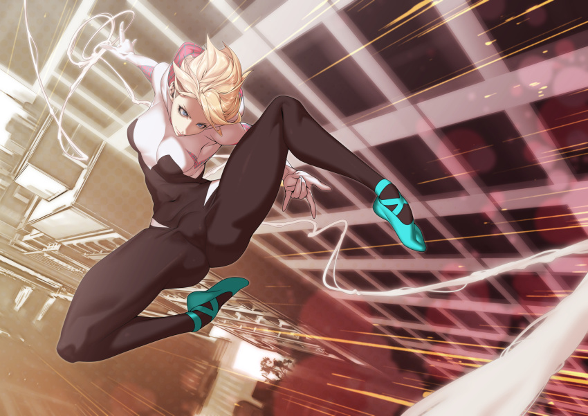 1girl \m/ ballet_slippers bodysuit building city eyebrow_piercing gwen_stacy highres marvel midair piercing short_hair sidecut silk smile solo speed_lines spider-gwen spider-man:_into_the_spider-verse spider-man_(series) spider_web spider_web_print spread_legs superhero tomoyuki_kotani