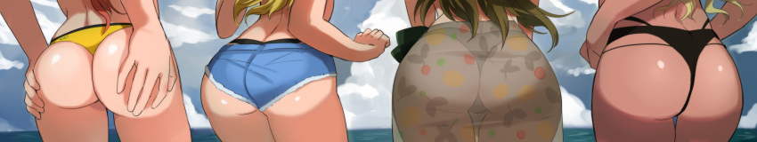 4girls absurdres ariaridoradora arisugawa_natsuha ass ass_focus beach bikini bikini_under_clothes blonde_hair brown_hair cloud denim denim_shorts from_behind hachimiya_meguru hand_on_own_ass highres idolmaster idolmaster_shiny_colors izumi_mei kuwayama_chiyuki long_hair long_image multiple_girls ocean red_hair sarong see-through shorts swimsuit tan thigh_gap thighs thong_bikini wide_image