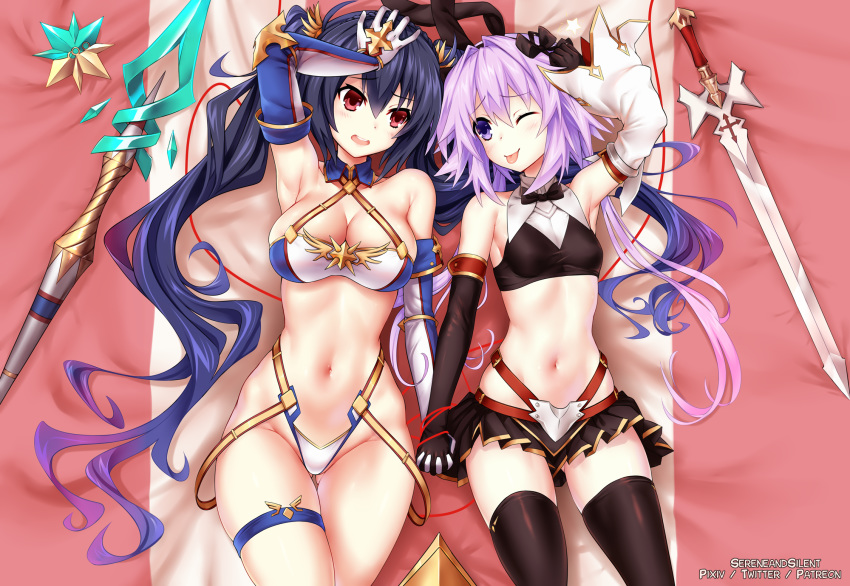 2girls ;p armpits artist_name astolfo_(saber)_(fate) astolfo_(saber)_(fate)_(cosplay) bangs bare_shoulders bed_sheet bikini black_bow black_gloves black_hair black_legwear black_neckwear black_ribbon black_skirt blue_bikini blush bow bowtie bradamante_(fate/grand_order) bradamante_(fate/grand_order)_(cosplay) breasts cleavage collarbone commentary cosplay cowboy_shot criss-cross_halter crop_top detached_collar elbow_gloves eyebrows_visible_through_hair fate/grand_order fate_(series) gloves gradient_hair groin hair_between_eyes hair_bow hair_intakes hair_ornament hair_ribbon halterneck hand_on_own_head highleg highleg_bikini highres holding_hands large_breasts long_hair looking_at_another low_twintails lying medium_breasts midriff multicolored_hair multiple_girls navel neptune_(neptune_series) neptune_(series) noire on_back one_eye_closed open_mouth pleated_skirt purple_eyes purple_hair red_eyes ribbon scepter sereneandsilent side-by-side sidelocks single_sleeve skirt smile string string_of_fate swimsuit sword taut_clothes thigh_strap thighhighs tongue tongue_out twintails two-tone_bikini upper_teeth very_long_hair weapon white_bikini white_gloves white_sleeves wing_collar