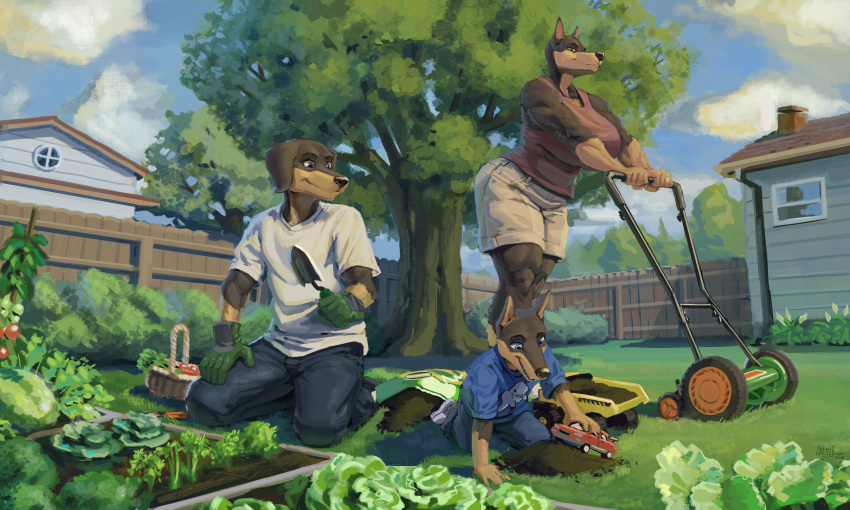 absurd_res anthro big_breasts blue_eyes bottomwear breasts brown_eyes building canid canine canis clothing cloud daniel_porter daniel_porter_jr digit_ring digital_media_(artwork) digital_painting_(artwork) dirt dobermann domestic_dog father father_and_child father_and_son female fence fish flower food garden gardening gardening_tools gloves gloves_(marking) good_parenting greasymojo group handwear happy hi_res house huge_breasts husband_and_wife jeans jewelry khaki_shorts larger_female lawnmower male male/female mammal marine markings married_couple mother mother_and_child mother_and_son muscular muscular_female pants parent parent_and_child pinscher plant ring shark shed shirt shrub size_difference smile son sunset t-shirt tank_top topwear toy_car tracy_porter tree vegetable wedding_ring