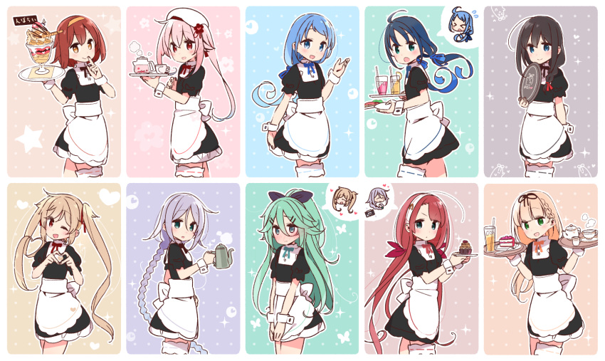 &gt;_&lt; 6+girls ahoge alternate_costume apron asymmetrical_bangs bangs black_dress black_hair black_ribbon black_shirt black_skirt blonde_hair blue_eyes blue_hair blush braid brown_eyes brown_hair commentary_request cowboy_shot cup dessert dress drink flying_sweatdrops food frilled_apron frills green_eyes green_hair hair_between_eyes hair_ornament hair_over_shoulder hair_ribbon hairband hairclip harusame_(kantai_collection) hat heart heart_hands highres holding holding_tray kantai_collection kawakaze_(kantai_collection) light_brown_hair long_hair looking_at_viewer low_twintails mole mole_under_eye multiple_girls murasame_(kantai_collection) neck_ribbon open_mouth parted_bangs pink_hair pitcher pointy_ears polka_dot polka_dot_background ponytail puffy_short_sleeves puffy_sleeves purple_background red_eyes red_hair ribbon samidare_(kantai_collection) shigure_(kantai_collection) shiratsuyu_(kantai_collection) shirt short_hair short_sleeves side_ponytail sidelocks silver_hair simple_background single_braid skirt smile sparkle star_(symbol) straight_hair suzukaze_(kantai_collection) teacup teapot the_yuudachi-like_creature thigh_strap thighhighs tray twintails umikaze_(kantai_collection) very_long_hair waist_apron waitress white_apron white_hairband white_headwear white_legwear wrist_cuffs yamakaze_(kantai_collection) yoru_nai yuudachi_(kantai_collection)