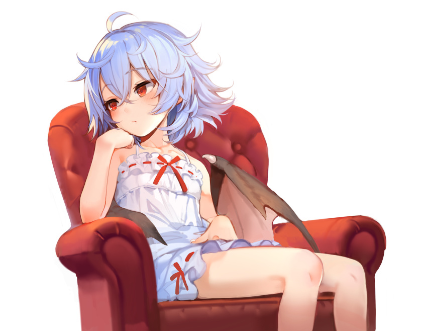 1girl bare_arms bare_shoulders bat_wings blue_hair chemise commentary_request couch eho_(icbm) hair_between_eyes half-closed_eyes highres looking_to_the_side medium_hair messy_hair red_eyes remilia_scarlet simple_background sitting solo spaghetti_strap touhou white_background wings