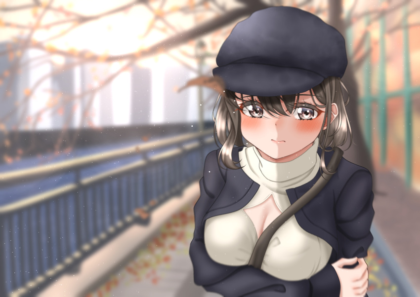 1girl between_breasts blush breasts brown_eyes brown_hair cleavage cleavage_cutout crossed_arms hat jacket large_breasts leaf looking_at_viewer original outdoors school_uniform strap_between_breasts tree turtleneck yoshiki_3821