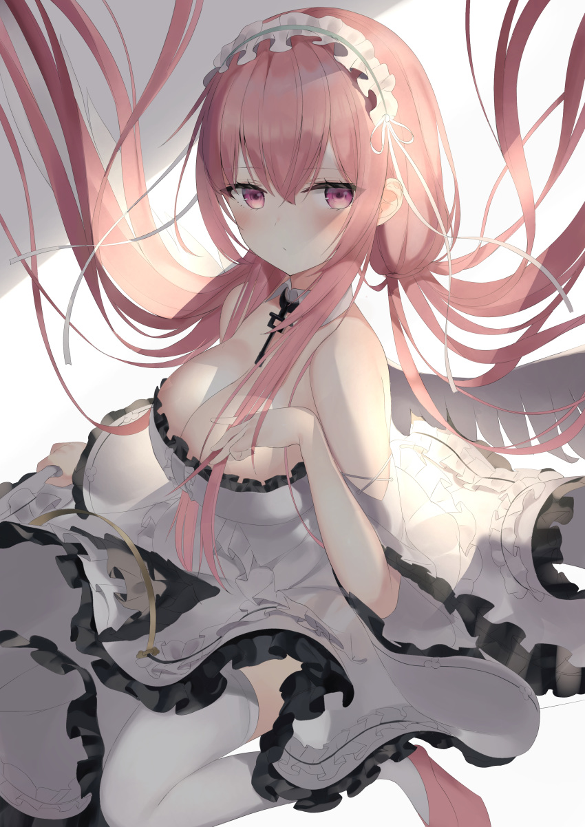 1girl absurdres azur_lane bare_shoulders breasts cleavage closed_mouth detached_collar dress floating_hair frilled_dress frills headdress highres large_breasts long_hair looking_at_viewer low_twintails off-shoulder_dress off_shoulder perseus_(azur_lane) pink_eyes pink_hair solo thighhighs twintails white_background white_dress white_legwear wings zukan_(db_tyoutyo)