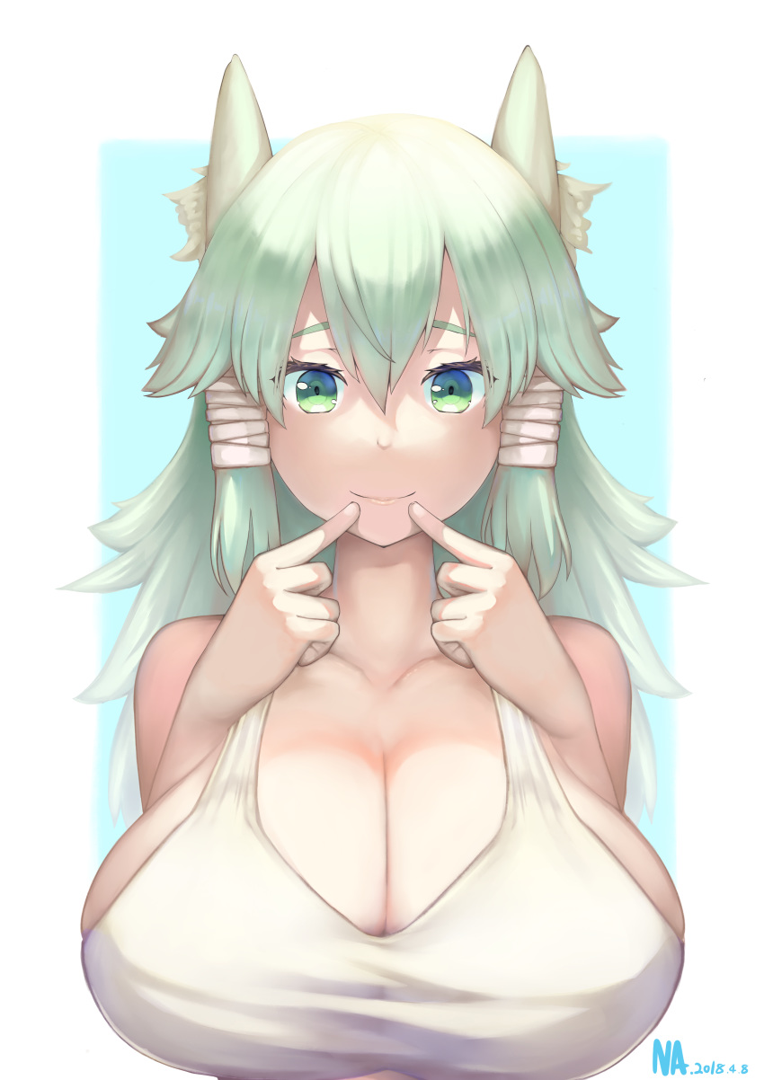 1girl absurdres animal_ear_fluff animal_ears artist_name bangs breasts cat_ears cleavage dated finger_to_mouth fingersmile green_background green_eyes green_hair hair_between_eyes highres huge_breasts long_hair looking_at_viewer na_arva original sidelocks smile solo tank_top upper_body white_tank_top