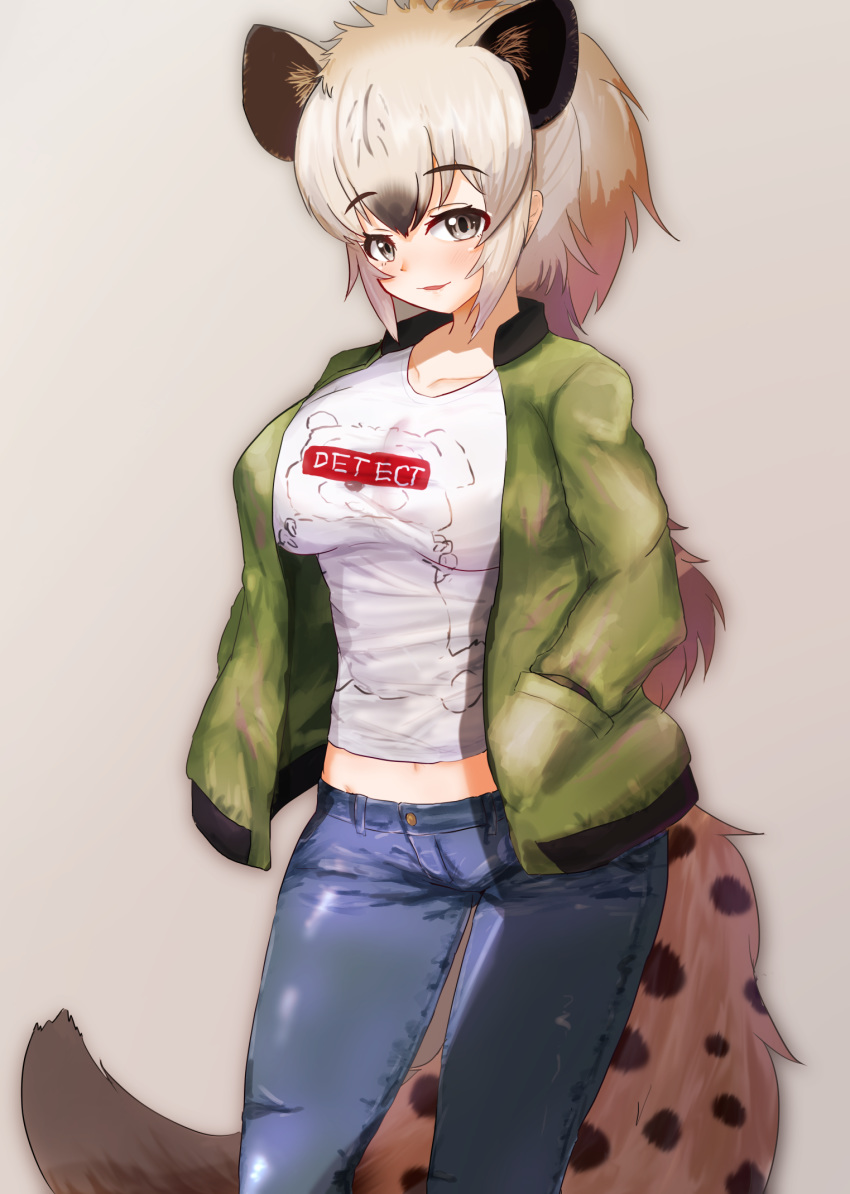 1girl akaisuto alternate_costume animal_ears bangs black_hair breasts brown_hair buttons casual clothes_writing collarbone contemporary denim extra_ears eyebrows_visible_through_hair fur grey_hair hair_between_eyes hand_in_pocket highres hyena_ears hyena_tail jacket jeans kemono_friends large_breasts long_hair long_sleeves looking_at_viewer midriff multicolored_hair navel open_clothes open_jacket pants parted_lips pocket shirt sidelocks silver_eyes smile solo spotted_fur spotted_hyena_(kemono_friends) stomach tail