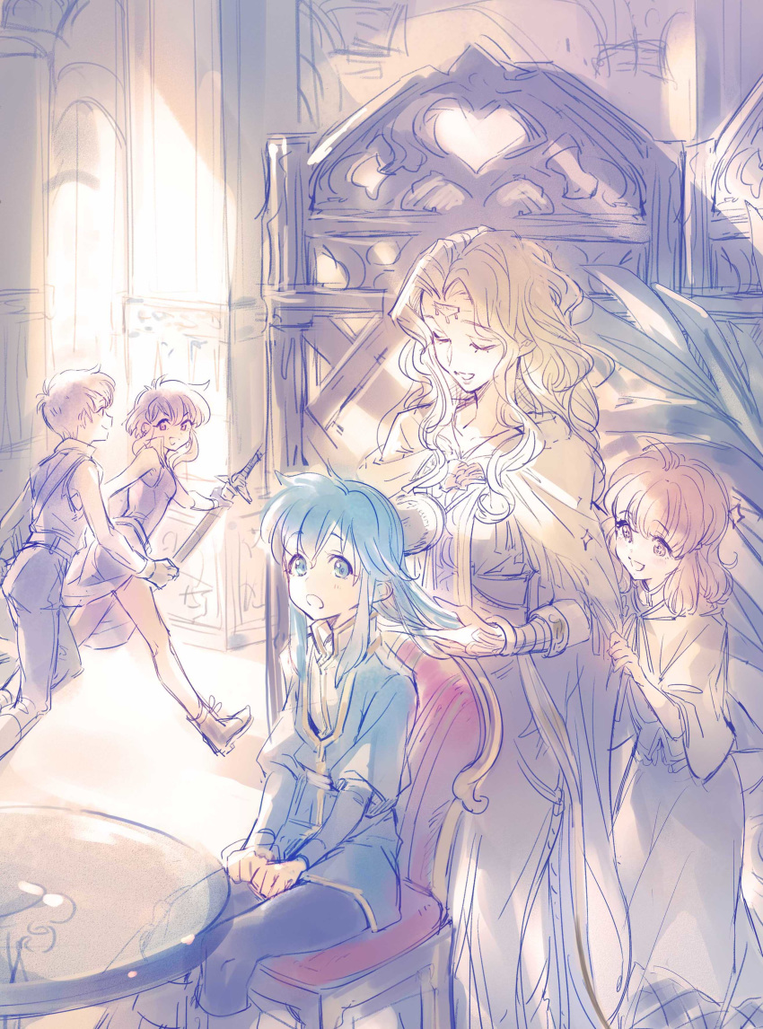 2boys 3girls :o absurdres blonde_hair blue_hair bomssp brushing_another's_hair cape circlet dress edain_(fire_emblem) fire_emblem fire_emblem:_genealogy_of_the_holy_war hair_brushing hands_on_lap highres lana_(fire_emblem) larcei_(fire_emblem) long_hair medium_hair multiple_boys multiple_girls nintendo open_mouth running seliph_(fire_emblem) sitting smile sword ulster_(fire_emblem) wavy_hair weapon