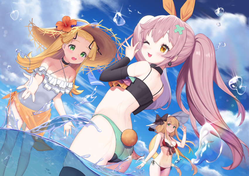 1girl 3girls :3 :o absurdres animal_ears arm_up ass bandaid bandaid_on_head bangs bare_arms bare_legs bare_shoulders bikini black_bikini black_bow black_choker black_legwear black_ribbon black_sleeves blonde_hair blue_oath blue_sky blush bow breasts bunny_ears bunny_tail choker cloud cloudy_sky collarbone copyright_request covered_navel day detached_sleeves earrings eyebrows_visible_through_hair fake_animal_ears fake_tail fang flower frilled_swimsuit frills from_below green_bikini green_eyes grey_swimsuit hair_ornament hair_ribbon hand_up hat hat_bow hat_flower highres jewelry long_hair long_sleeves looking_at_viewer looking_back multicolored multicolored_bikini multicolored_clothes multiple_girls navel ocean off_shoulder one_eye_closed open_mouth orange_ribbon orange_skirt outdoors red_bikini red_flower ribbon short_sleeves skirt sky small_breasts smile splashing straw_hat sun_hat swimsuit tail thighhighs twintails upper_teeth wading water water_drop white_headwear wrist_cuffs yuri_(chocho_q)