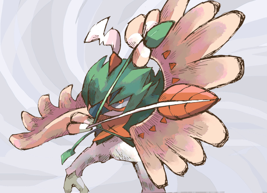 2_toes arrow attack avian beak brown_body brown_feathers clothing decidueye feathers gerigo_(artist) green_body half-closed_eyes hoodie markings narrowed_eyes nintendo orange_eyes orange_markings pok&eacute;mon pok&eacute;mon_(species) solo toes topwear video_games white_body white_feathers