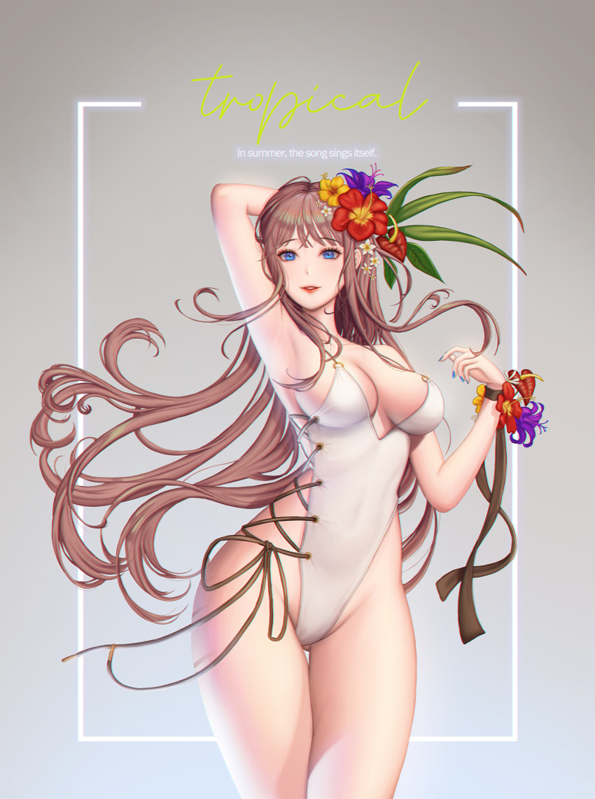 1girl arm_behind_head bangs bikini blue_eyes blue_nails blush breasts brown_hair floating_hair flower groin hair_flower hair_ornament hand_up highleg highleg_swimsuit highres large_breasts long_hair looking_at_viewer one-piece_swimsuit original ribbon sidelocks smile solo subong summer swimsuit thighs tropical very_long_hair wrist_ribbon