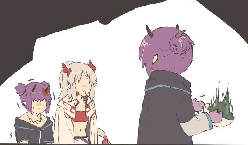 3girls arknights bleeding blood blood_from_mouth bowl demon_horns dropping hibiscus_(arknights) highres horns lava_(arknights) mabingame multiple_girls nian_(arknights) purple_hair shaded_face siblings sisters tail white_hair