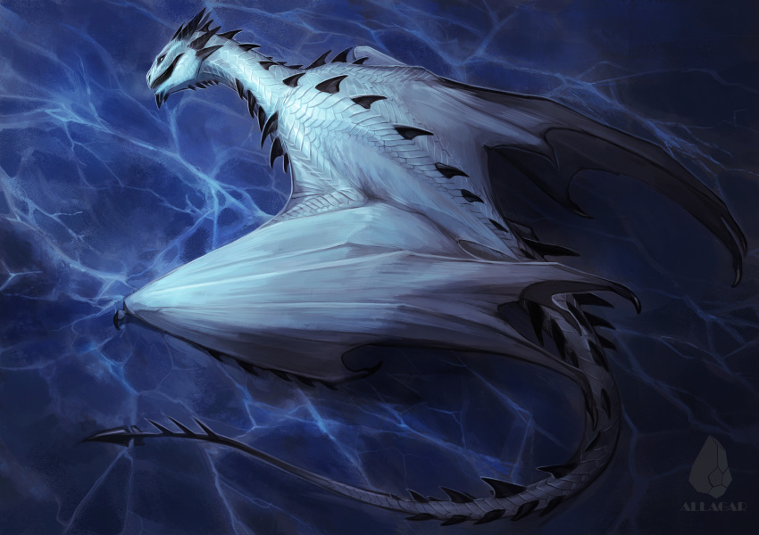 2020 absurd_res allagar ambiguous_gender claws digital_media_(artwork) dragon feral hi_res horn membrane_(anatomy) membranous_wings scales solo spines white_body white_scales wings wyvern