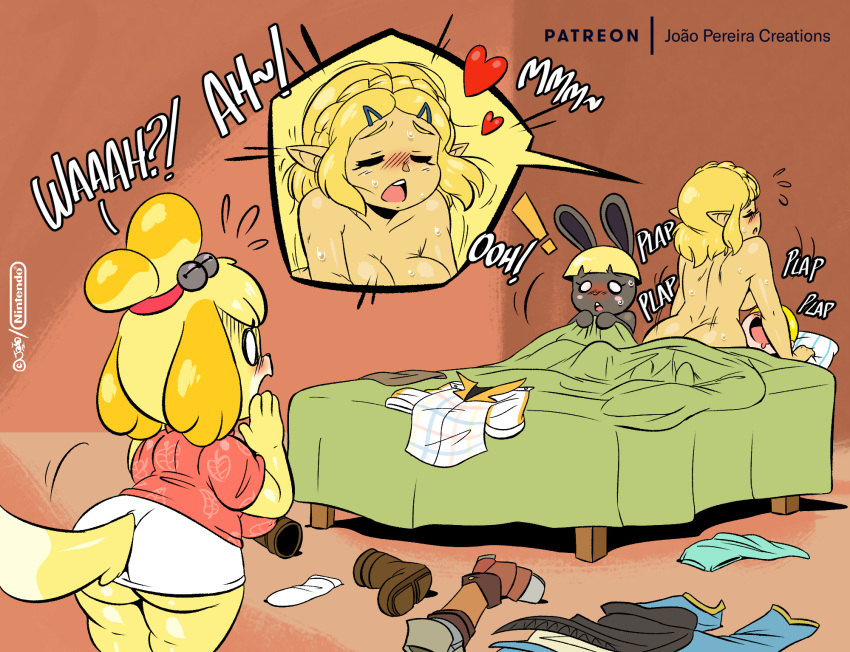 ! &lt;3 2020 animal_crossing anthro bed blonde_hair blush bodily_fluids bonbon_(animal_crossing) breath_of_the_wild butt canid canine canis clothed clothed/nude clothed_female_nude_female clothing digital_media_(artwork) dipstick_tail discarded_clothing domestic_dog eyes_closed female furniture group hair hi_res human human_on_humanoid humanoid humanoid_pointy_ears hylian interspecies isabelle_(animal_crossing) joaoppereiraus lagomorph leporid male male/female mammal multicolored_tail nintendo nude onomatopoeia open_mouth princess_zelda rabbit sex shih_tzu shocked signature sound_effects sweat text the_legend_of_zelda toy_dog video_games villager_(animal_crossing)