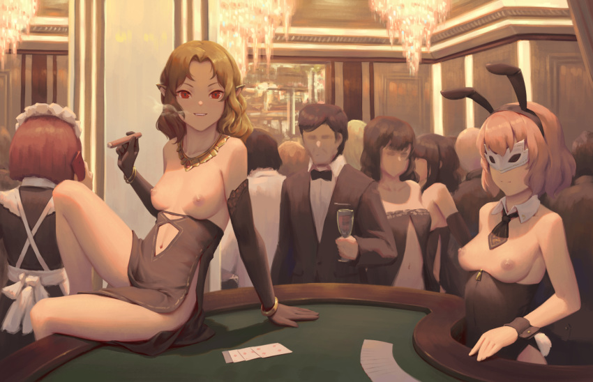 1boy 5girls animal_ears bangs bare_shoulders bigrbear black_dress black_gloves black_hair black_hairband black_neckwear black_skirt blackjack blackjack_table bracelet breasts brown_hair bunny_ears bunnysuit card casino chandelier cigar crowd cup detached_collar dress drinking_glass elbow_gloves elf faceless faceless_female faceless_male fake_animal_ears fake_tail forehead formal gloves hairband high-waist_skirt highres holding holding_cup indoors jewelry long_sleeves maid mask medium_breasts multiple_girls navel_cutout necktie nipples original parted_bangs parted_lips pelvic_curtain playing_card pointy_ears red_eyes sitting skirt smile smoke smoking suit tail topless wrist_cuffs