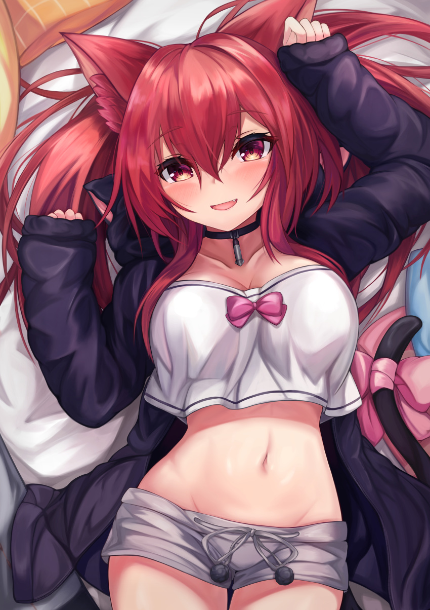 1girl absurdres animal_ears arm_up azur_lane black_choker black_jacket breasts cat_ears cat_girl cat_tail choker cleavage collarbone cowboy_shot crop_top crop_top_overhang fang grey_shorts groin hand_up highres hood hood_down hooded_jacket i-19_(azur_lane) i-19_(pillowy_paradise)_(azur_lane) jacket large_breasts long_hair long_sleeves looking_at_viewer lying midriff navel on_back open_clothes open_jacket open_mouth red_eyes red_hair ribbon ryara shirt short_shorts shorts smile solo stomach tail tail_ribbon twintails white_shirt