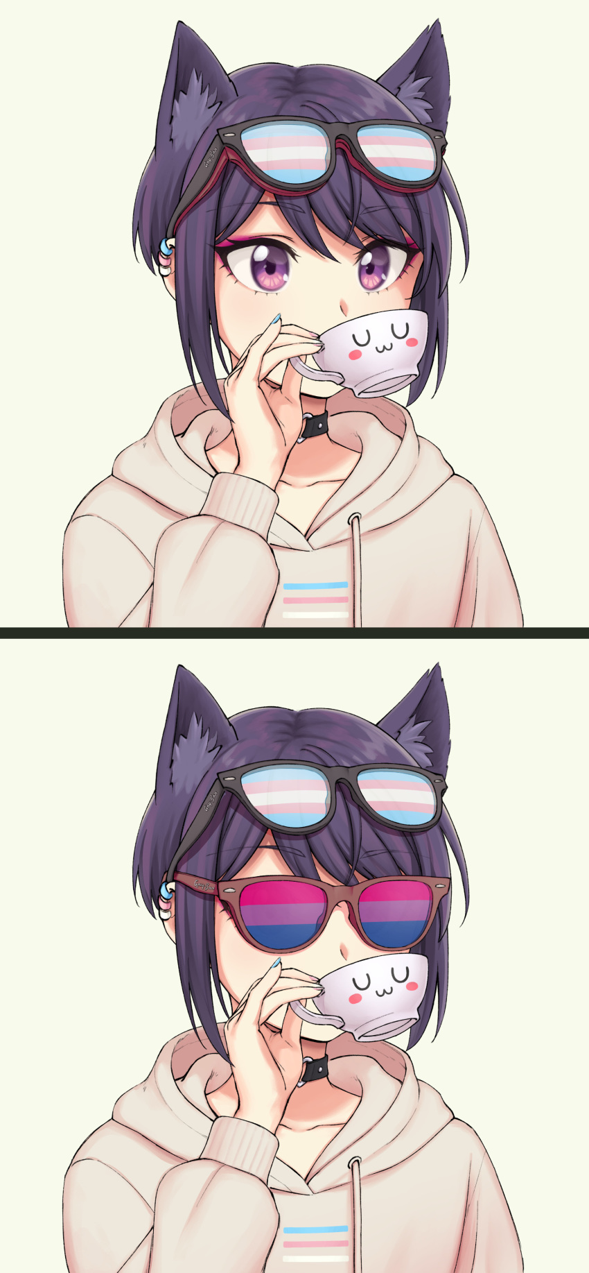 1girl absurdres animal_ears aqua_nails bangs bisexual_flag cat_ears covered_mouth cup drawstring ear_piercing eyewear_on_head highres hood hood_down long_sleeves multiple_views nail_polish original pas'_black-haired_catperson pas_(paxiti) piercing pink_nails purple_eyes short_hair simple_background split_screen tinted_eyewear transgender_flag upper_body yellow_background