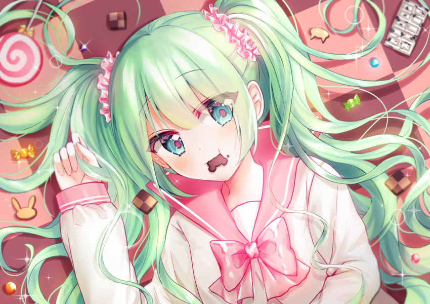 blue_eyes blush bow candy checkerboard_cookie cookie eating food green_hair hair_ornament hair_scrunchie league_of_legends looking_at_viewer lying mamel_27 on_back on_floor pink_bow project_diva_(series) school_uniform scrunchie serafuku solo tile_floor tiles twintails wrapped_candy