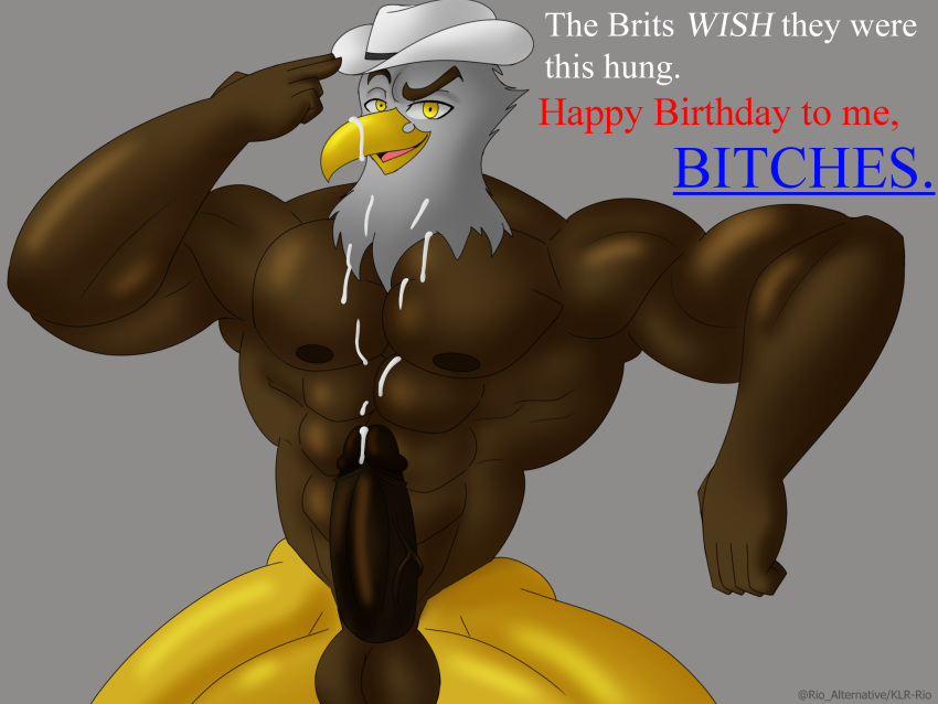 4th_of_july accipitrid accipitriform anthro avian bald_eagle balls beak bird bodily_fluids clothing cowboy_hat cum cum_on_beak cum_on_chest cum_on_penis digital_media_(artwork) eagle erection feathers genital_fluids genitals hat headgear headwear hi_res humanoid_genitalia humanoid_penis klr-rio looking_at_viewer male mammal muscular muscular_anthro muscular_male nipples nude penis sea_eagle simple_background solo