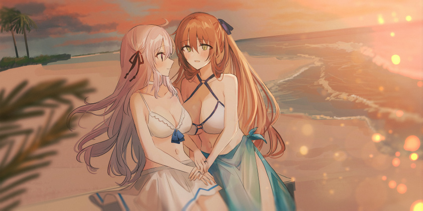 2girls :d absurdres bangs beach bikini black_ribbon blurry blurry_foreground blush breasts brown_hair chihuri cleavage closed_mouth commentary_request depth_of_field eye_contact eyebrows_visible_through_hair female_commander_(girls_frontline) girls_frontline green_eyes hair_between_eyes hair_ribbon hands_together highres horizon huge_filesize jewelry long_hair looking_at_another m1903_springfield_(girls_frontline) medium_breasts multiple_girls navel ocean open_mouth outdoors palm_tree pleated_skirt profile red_eyes ribbon ring sand sarong silver_hair skirt smile sunset swimsuit tree very_long_hair water waves wedding_band white_bikini white_skirt yuri