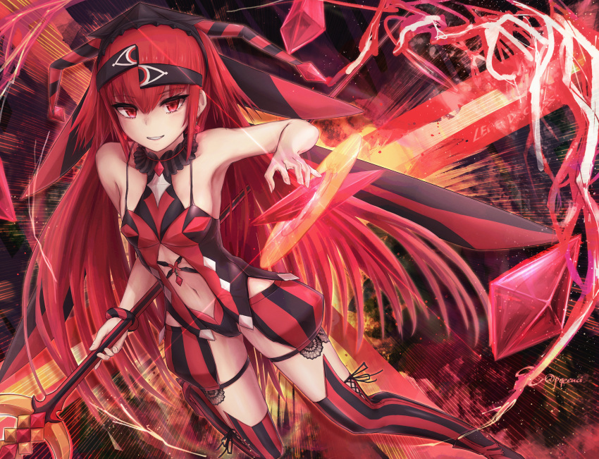 absurdres aka_no_ripika bangs bare_shoulders beatmania beatmania_iidx breasts eicam feet_out_of_frame hair_between_eyes hairband highres holding holding_weapon huge_filesize long_hair looking_at_viewer navel navel_cutout polearm red_eyes red_hair red_legwear small_breasts smile spaghetti_strap straight_hair striped striped_legwear teeth thighhighs twitter_username two-tone_legwear vertical-striped_legwear vertical_stripes very_long_hair weapon