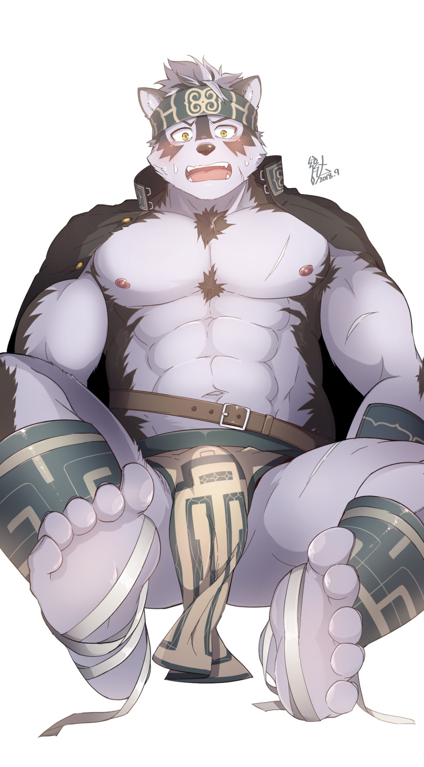 1boy abs absurdres animal_ears bara blush bulge chest feet from_below fur furry headband highres horkeu_kamui_(tokyo_houkago_summoners) jacket jacket_on_shoulders m_ikky male_focus muscle nipples pectorals pov revealing_clothes scar shirtless sitting solo thighs tokyo_houkago_summoners