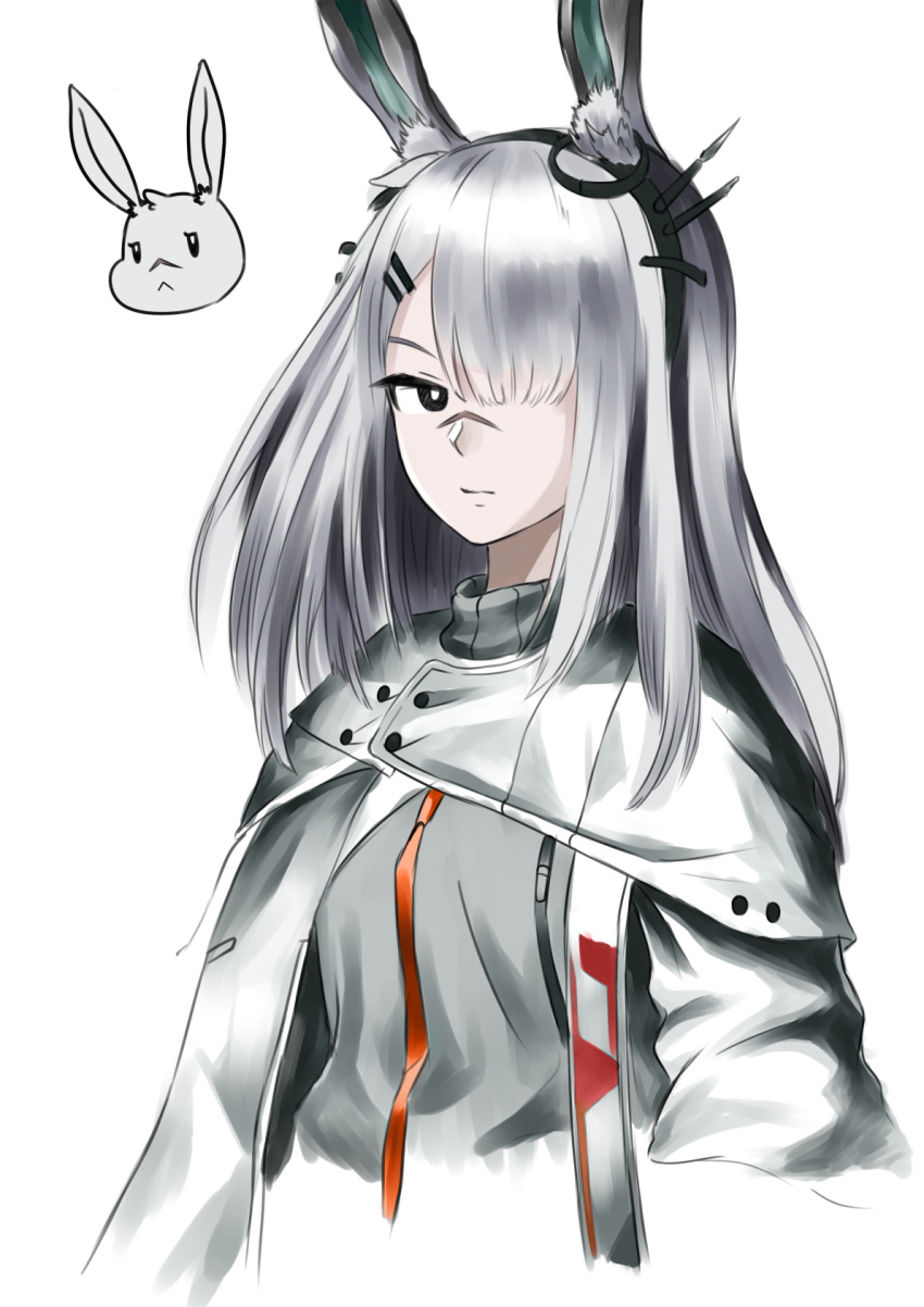 1girl animal_ear_fluff animal_ears arknights bangs black_eyes bunny_ears coat commentary_request cropped_torso dress facial_scar frostnova_(arknights) grey_coat grey_dress hair_ornament hair_over_one_eye hairclip highres korean_commentary long_hair nose_scar rankketer scar silver_hair simple_background solo upper_body white_background