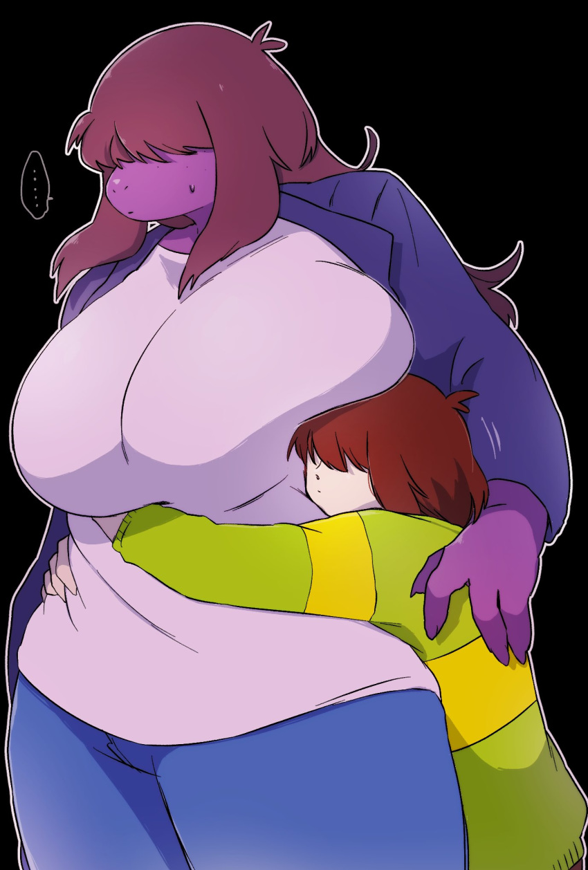 2020 ambiguous_gender anthro big_breasts black_background blue_clothing bottomwear breast_squish breasts brown_hair clothed clothing deltarune duo female fully_clothed green_clothing hair hi_res hug human jeans kris_(deltarune) larger_female mammal pants scalie shirt simple_background size_difference smaller_ambiguous squish susie_(deltarune) topwear underchikichan video_games white_clothing white_shirt white_topwear