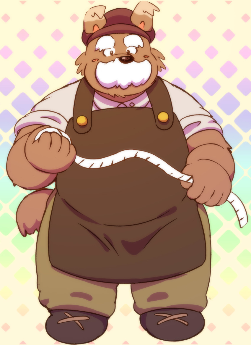 2020 anthro apron blush bottomwear brown_body brown_fur clothing facial_hair fur hi_res humanoid_hands kemono lako male mammal mustache overweight overweight_anthro overweight_male pants shirt solo topwear ursid